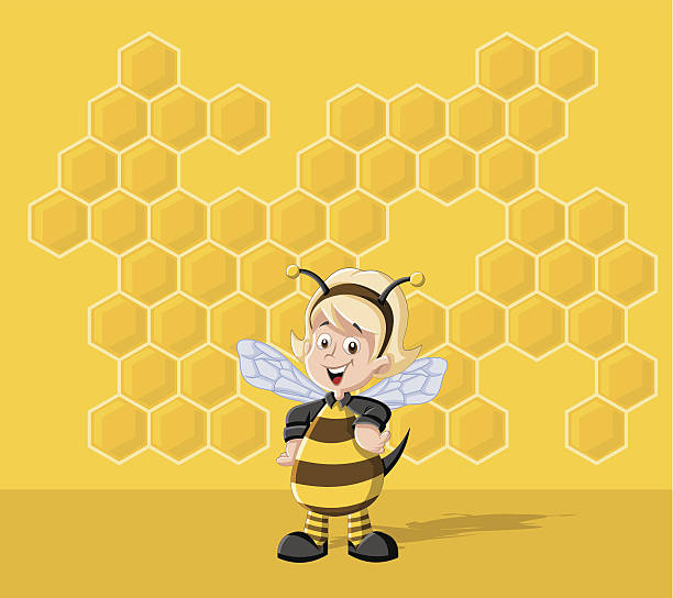 Cartoon bee girl Cartoon bee girl in front of a honeycomb. Bee hive. woman beehive stock illustrations