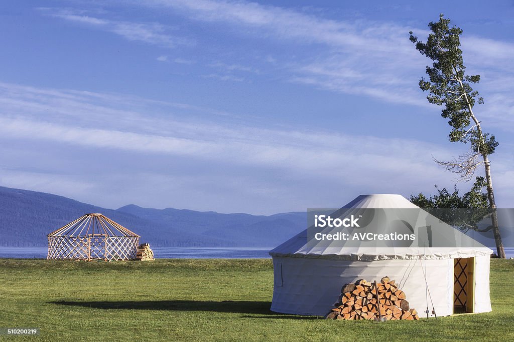 Yurts by the Lake Mongolian style camping yurts next to Klameth Lake in Oregon. Camping Stock Photo