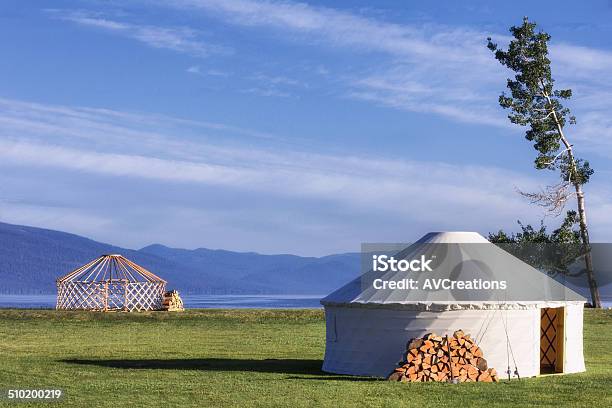 Yurts By The Lake Stock Photo - Download Image Now - Camping, Firewood, Horizontal