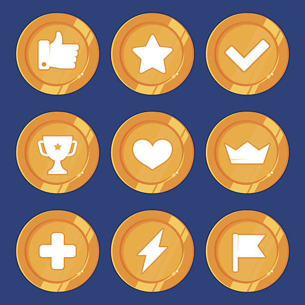 Vector cartoon gamification badges Vector cartoon gamification badges and golden coins - rewards and prizes for app or game gamification badge stock illustrations