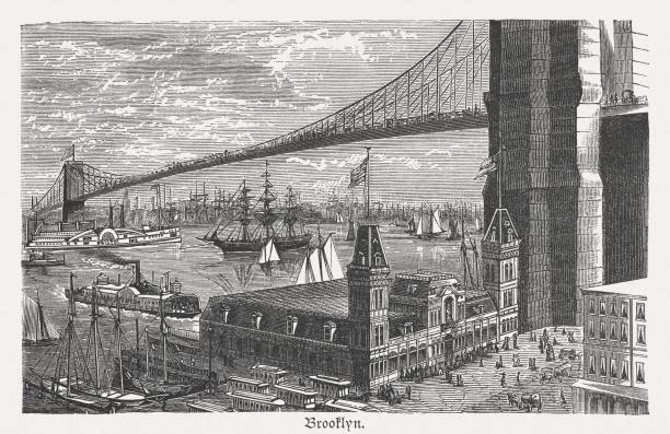 ilustrações de stock, clip art, desenhos animados e ícones de ponte de brooklyn, nova iorque, de madeira, publicada 1880 gravação - east river illustrations