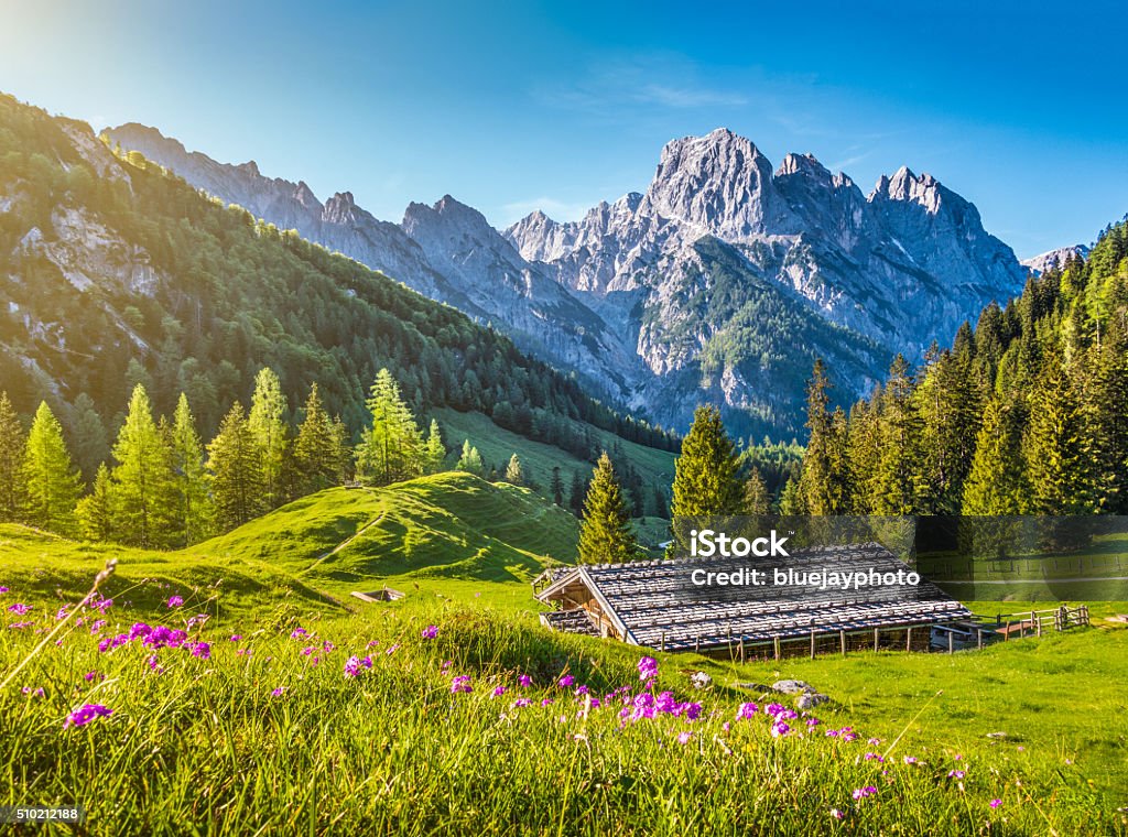 Idyllische Landschaft der Alpen, Berg-chalet im Frühling - Lizenzfrei Sommer Stock-Foto