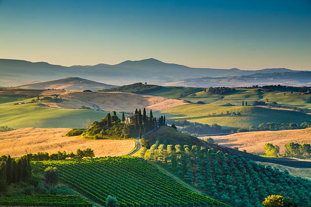 suggestivo paesaggio della toscana all'alba, la val d'orcia, italia - val dorcia foto e immagini stock