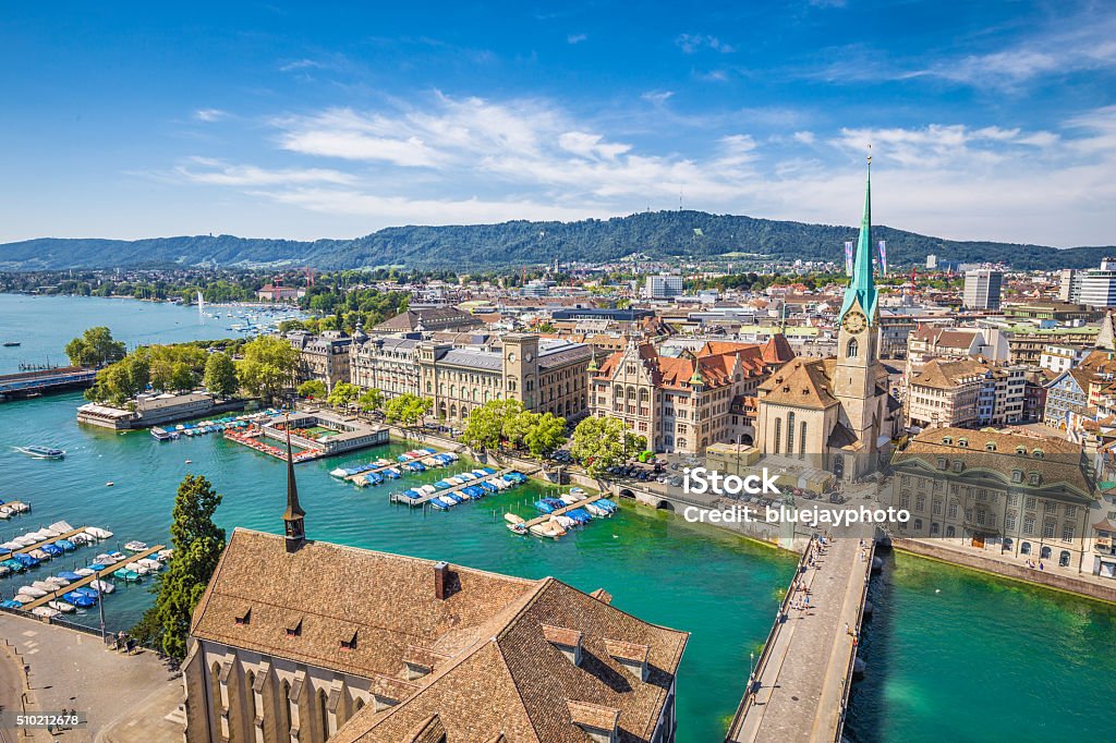 Historic city of Zürich with river Limmat, Switzerland Aerial view of Zürich city center with famous Fraumünster Church and river Limmat at Lake Zurich from Grossmünster Church, Canton of Zürich, Switzerland. Zurich Stock Photo