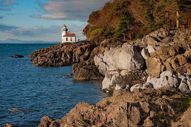 Line Kiln Lighthouse Located on San Juan Island, in Washington state, It guides ships through the Haro Straits and is part of Lime Kiln Point State Park. It overlooks Dead Mans Bay. lime kiln lighthouse stock pictures, royalty-free photos & images