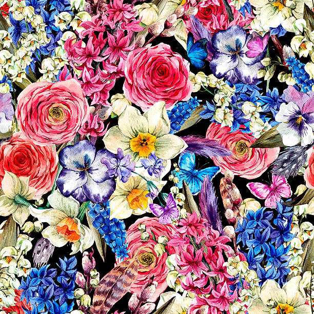 istock Watercolor seamless background, Vintage flowers bouquet, willow 510213662