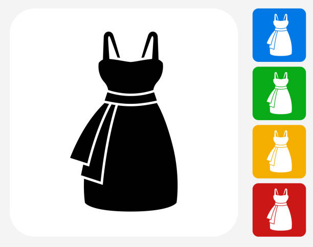 Dress Icon Flat Graphic Design Dress Icon. This 100% royalty free vector illustration features the main icon pictured in black inside a white square. The alternative color options in blue, green, yellow and red are on the right of the icon and are arranged in a vertical column. prom dress stock illustrations
