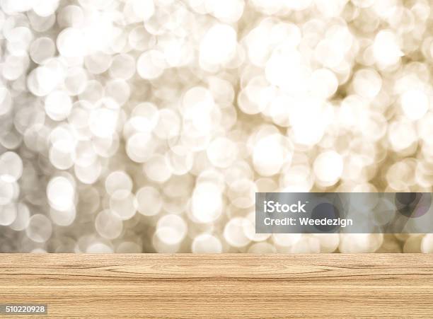 Empty Perspective Room With Sparkling Bokeh Wall And Wooden Stock Photo - Download Image Now