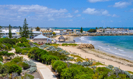 Fremantle,WA,Australia-November 19,2015: View over Bather's Beach with path in vegetated dunes and community view in Fremantle, Western Australia.