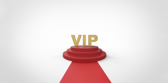 Gold VIP text on red carpet VIP way gold fence on white gray background