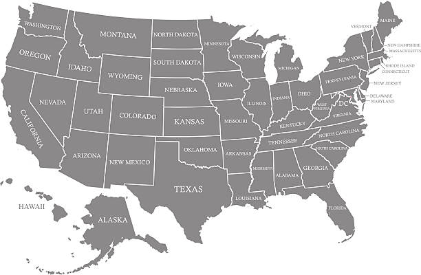 USA map vector outline with states names in gray background Ouline vector map of United States with states borders and names in gray color background, and capital location and name, Washington, D.C. michigan maryland stock illustrations