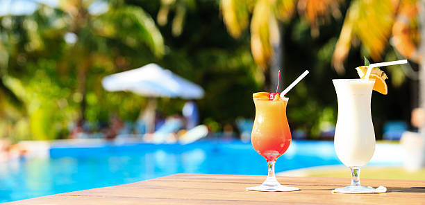 Two cocktails on luxury tropical beach resort, panorama Two cocktails on luxury tropical beach resort, wide panorama standing water stock pictures, royalty-free photos & images
