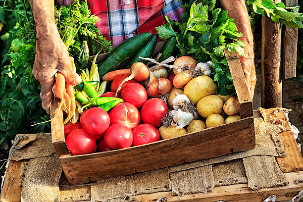 Man put crate with fresh vegetables on table