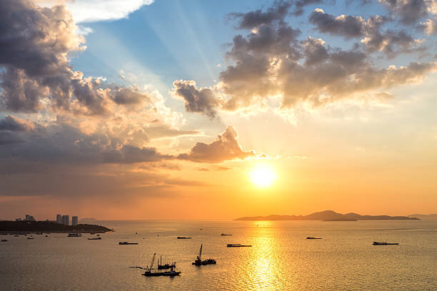 Colorful sunset at Pattaya bay ,Chonburi, Thailand from above.