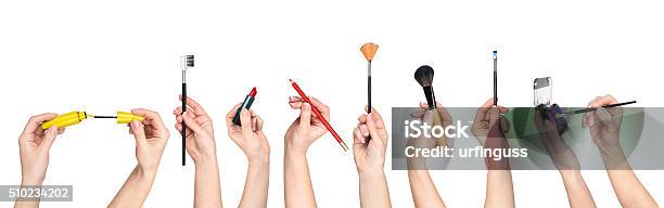 Collection Of Hands Holding Tools For Makeup Stock Photo - Download Image Now - Make-Up, Human Hand, Paintbrush