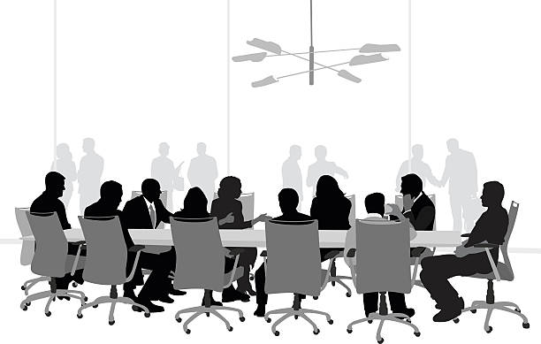 Important Business Meeting A vector silhouette illustration of a business meeting in a conference room with business men and women sitting around a table with people behind a glass window in the background. shadow team business business person stock illustrations