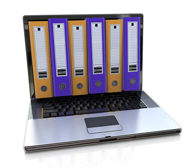 renderização 3d de computador portátil com pastas coloridas no interior do ecrã. armazenamento - stack file paper document imagens e fotografias de stock