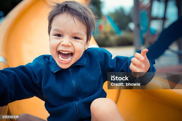 Cute 3 Year Old Asian Boy Plays On Playground Slide Stock Photo - Download Image Now