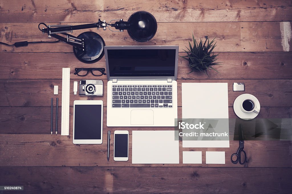 corporate design mockup template Top view office corporate design mockup template on wooden background Template Stock Photo