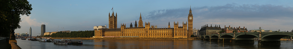 A merged panorama of Big Ben, Westminster Bridge, and the British House of Common from across The River Thames consisting of 10 images captured with a 5D Mark III and stitched together in Adobe Photoshop CS5.