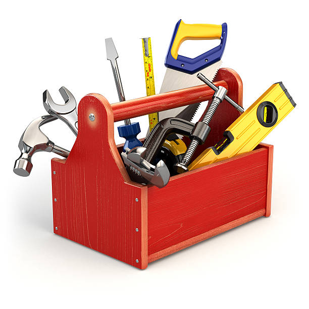 toolbox mit tools auf weißem isoliert hintergrund. - werkzeugkoffer stock-fotos und bilder