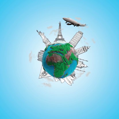 Earth planet with pencil sketches and airplane for travel concept