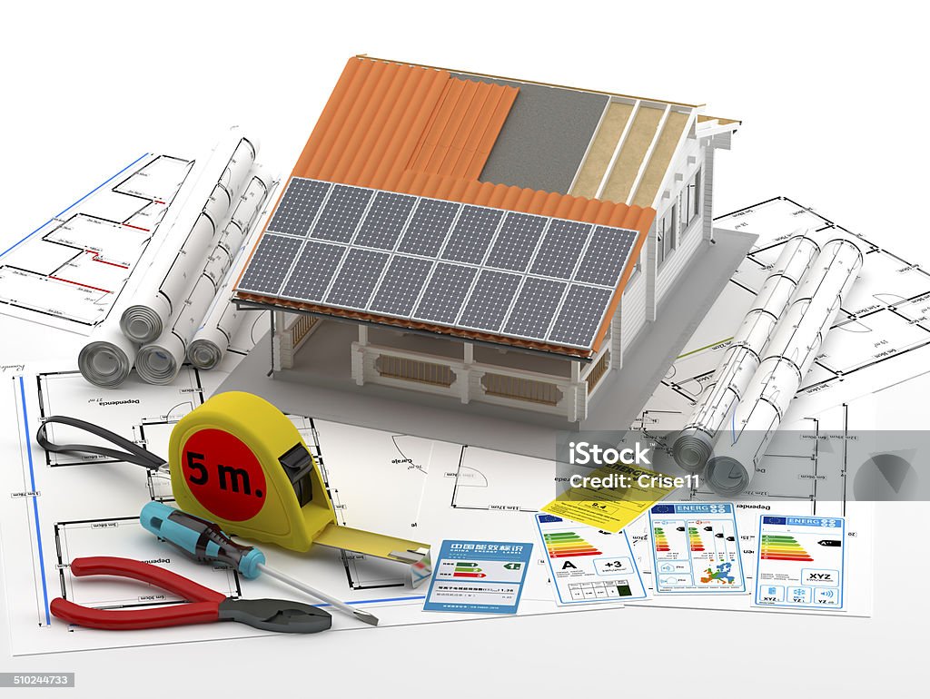 Energy efficient construction Energy efficiency in the construction of houses. Sustainable real estate. Solar Panel Stock Photo