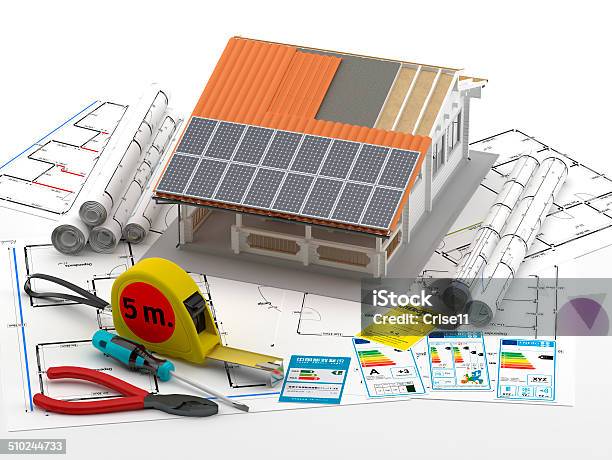 Energy Efficient Construction Stock Photo - Download Image Now - Solar Panel, Plan - Document, Planning