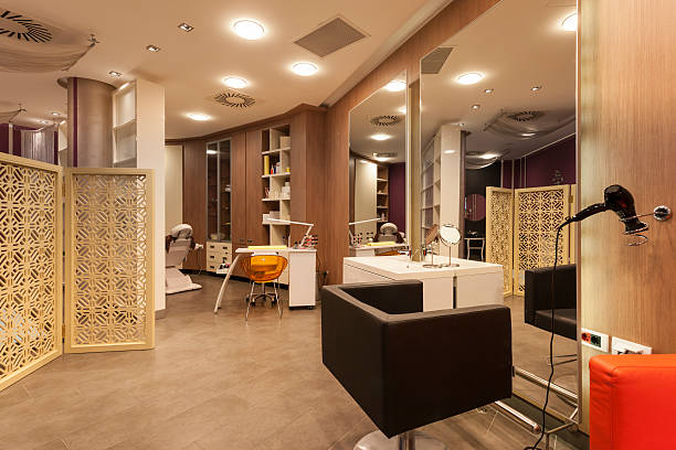 A shelf with cosmetic products in a beauty salon. No people