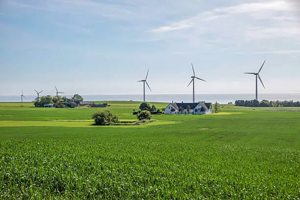 Wind farm and green fields on Bornholm, Denmark