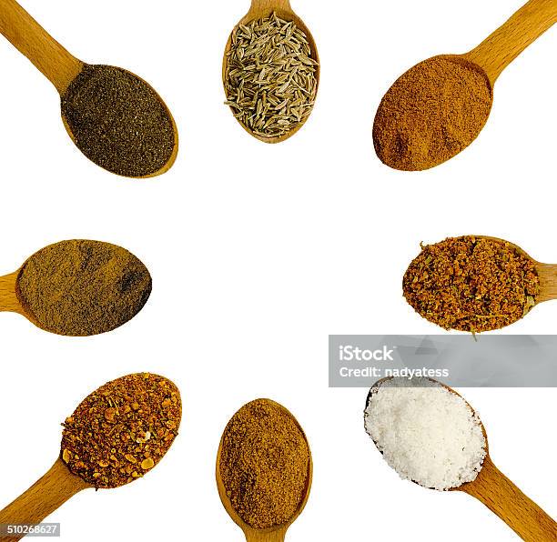 Wooden Spoons With Spices With Different Spices Stock Photo - Download Image Now - Allspice, Aromatherapy, Backgrounds