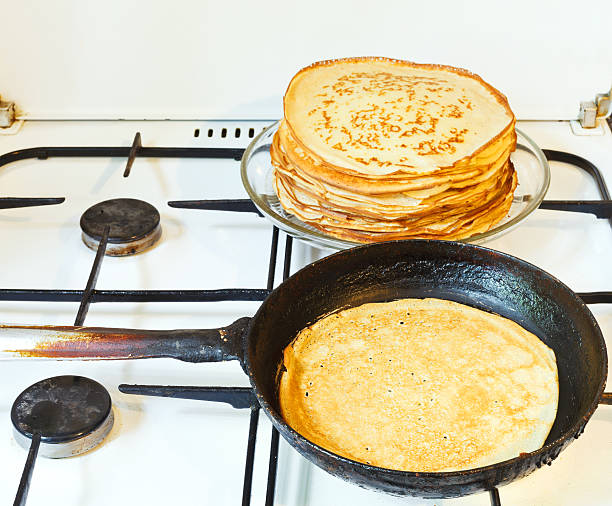 istock baked pancake and stack of prepared pancakes 510284119