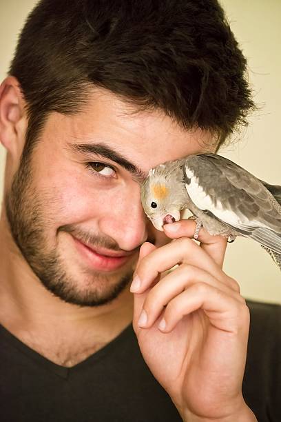istock Attractive man playing with his parrot indoors 510285145