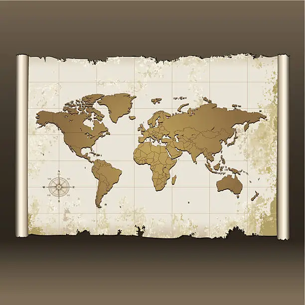 Vector illustration of Old World Map on Scroll