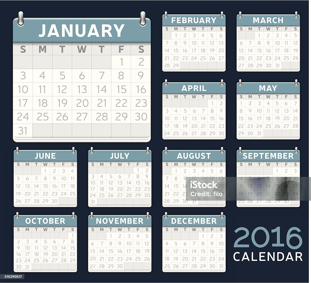 Blue 2016 Calendar Detailed 2016 calendar. Grouped and labeled layers for easy editing. EPS 10 file. Transparency effects used on highlight elements. 2016 stock vector