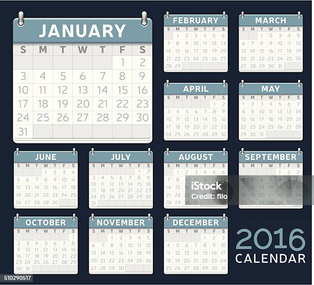 Blue 2016 Calendar Stock Illustration - Download Image Now - 2016, April, August