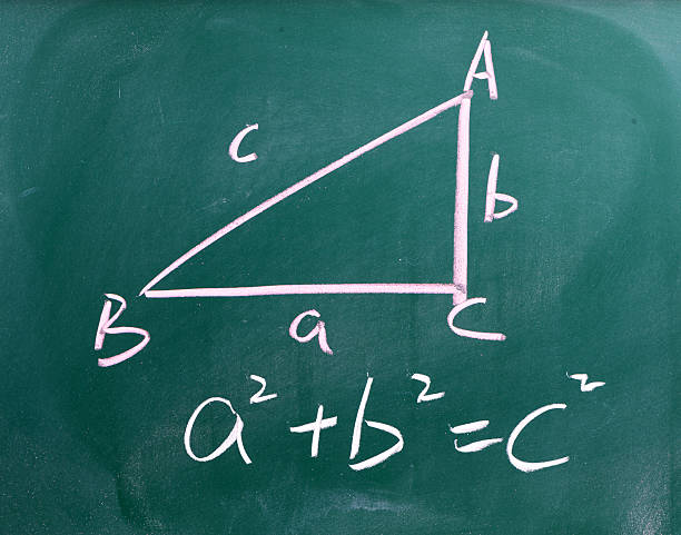 rechts triangle mit pythagorean formel auf eine tafel - geometry two dimensional shape pythagoras geometric shape stock-fotos und bilder