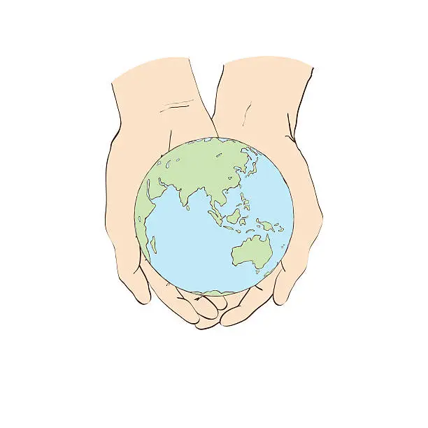 Vector illustration of two hands and Earth