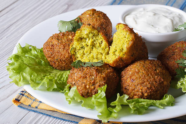 falafel with lettuce and tzatziki sauce closeup horizontal falafel with lettuce and tzatziki sauce closeup on a white plate on the table. horizontal middle eastern food photos stock pictures, royalty-free photos & images