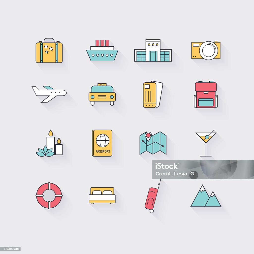 Line icons set in flat design. Elements of Vacation, Travel, Line icons set in flat design. Elements of Vacation, Travel, Hotel services, Transport and Location. Modern infographic linear vector illustration. Ios - Greece stock vector