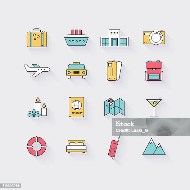 Line Icons Set In Flat Design Elements Of Vacation Travel Stock Illustration - Download Image Now