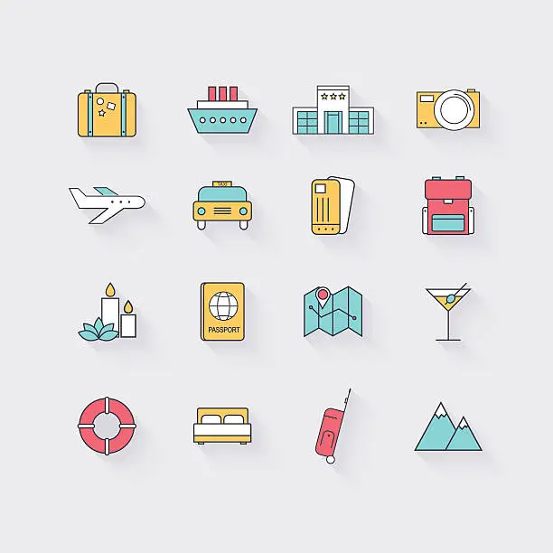 Vector illustration of Line icons set in flat design. Elements of Vacation, Travel,