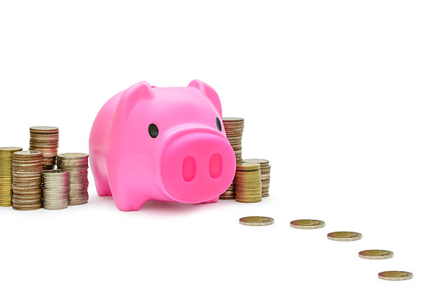 istock Piggy bank with coin stacks 510304620