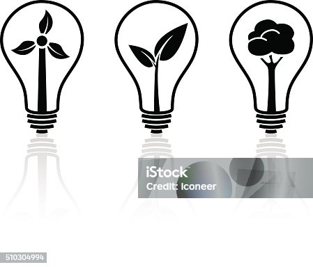 istock Black light bulbs illustrations for green electricity on white background 510304994