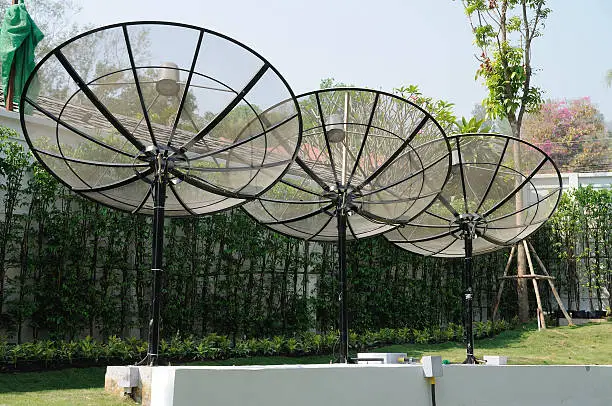 Triple satellite-dishes in garden
