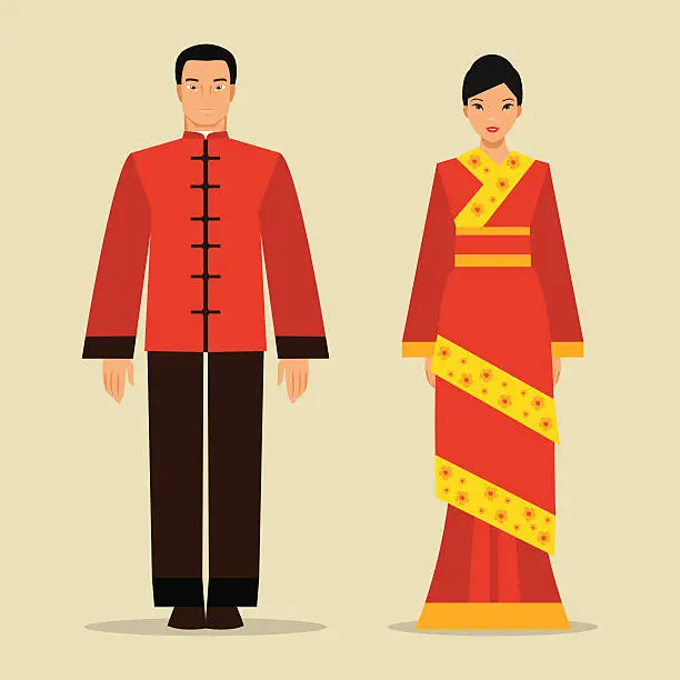 Vector illustration of Chinese man and a woman in national costume