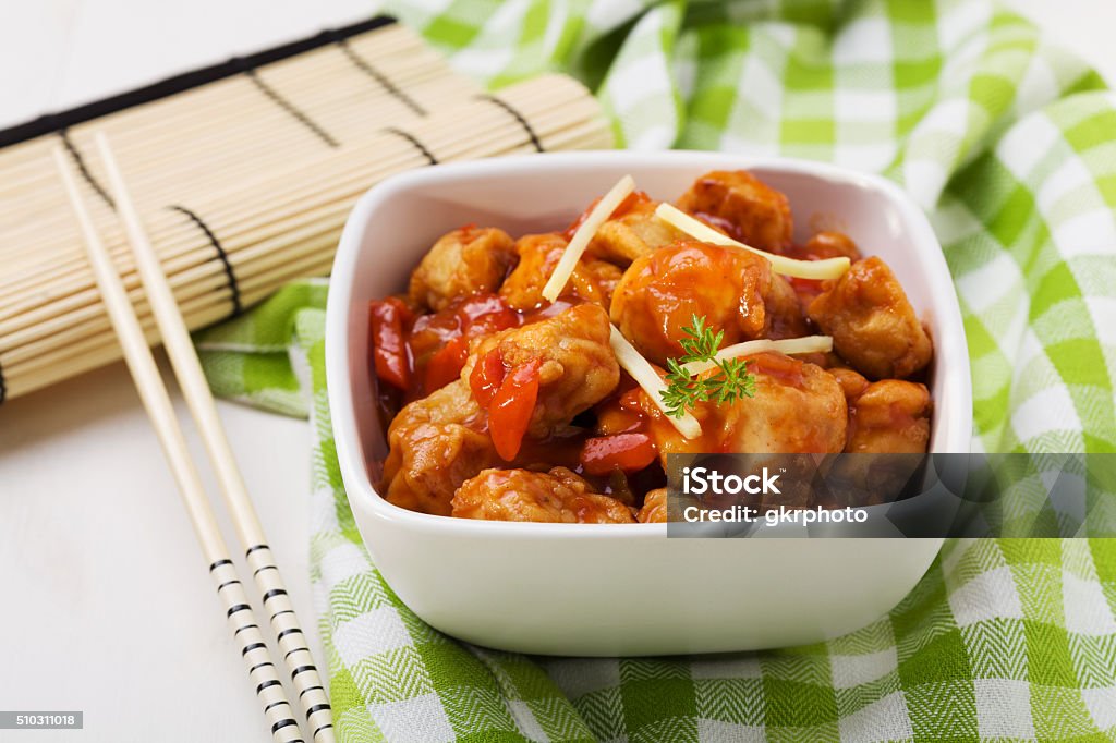 Fried chicken pieces in batter with sweet and sour sauce Backgrounds Stock Photo