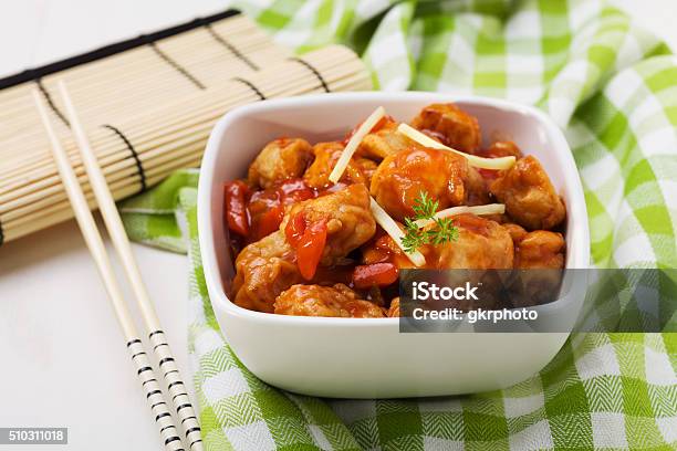 Fried Chicken Pieces In Batter With Sweet And Sour Sauce Stock Photo - Download Image Now