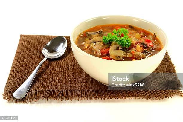 Cabbage Vegetables And Mushrooms Vegetarian Soup Stock Photo - Download Image Now - Bell Pepper, Bowl, Brown