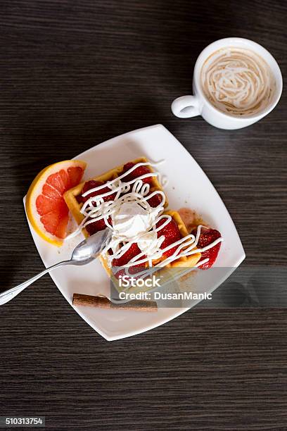 Belgian Waffles And Coffe Cup Stock Photo - Download Image Now - Backgrounds, Baked, Baked Pastry Item